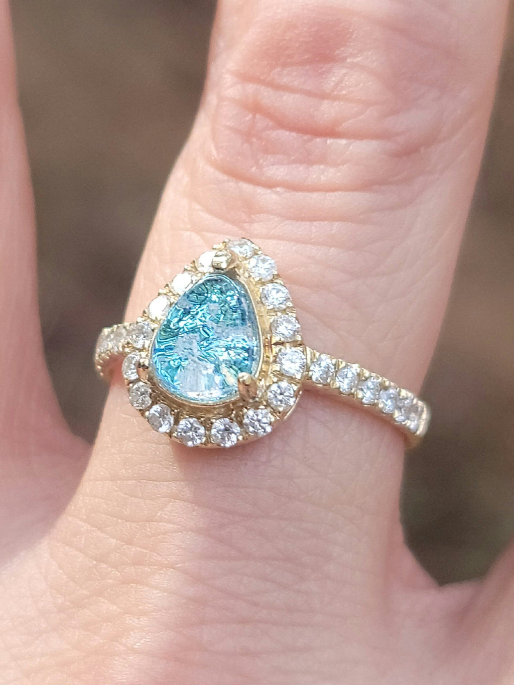 14k White or Yellow Gold Teardrop Halo Cremation Ring For Ashes 26 Moissanite Diamond Handmade Urn Custom Sizing
