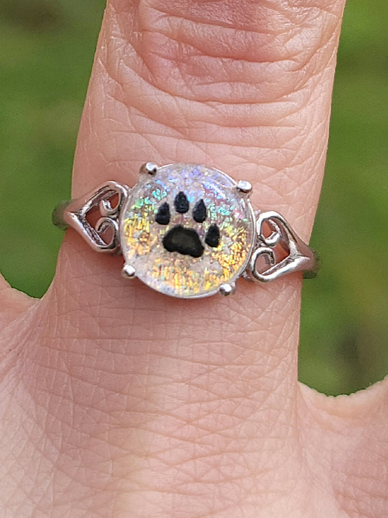 Paw Print Heart Sterling Silver Cremation Jewelry Ring Ashes InFused Glass 7,8,9
