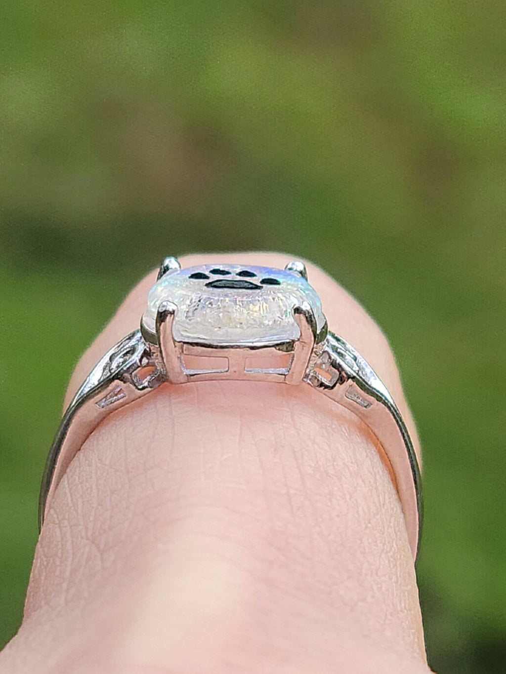 Paw Print Heart Sterling Silver Cremation Jewelry Ring Ashes InFused Glass 7,8,9