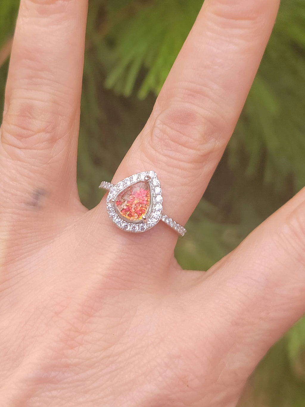 Teardrop Engagement Cremation Ring Ashes InFused Glass CZ Sterling Silver Urn 7,8,9
