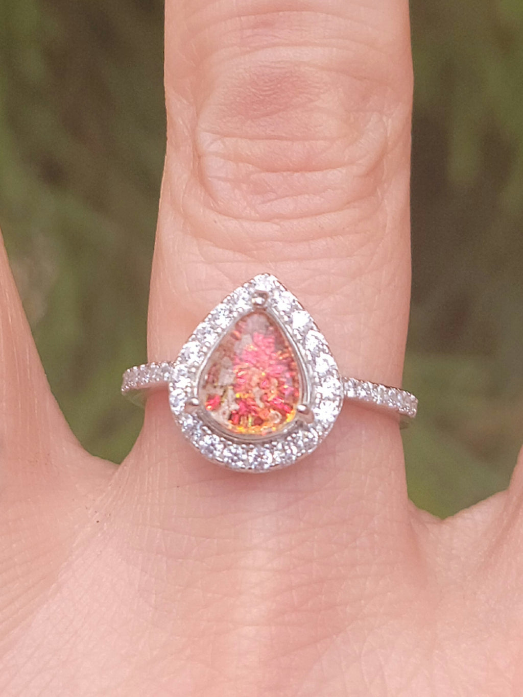 Teardrop Engagement Cremation Ring Ashes InFused Glass CZ Sterling Silver Urn 7,8,9