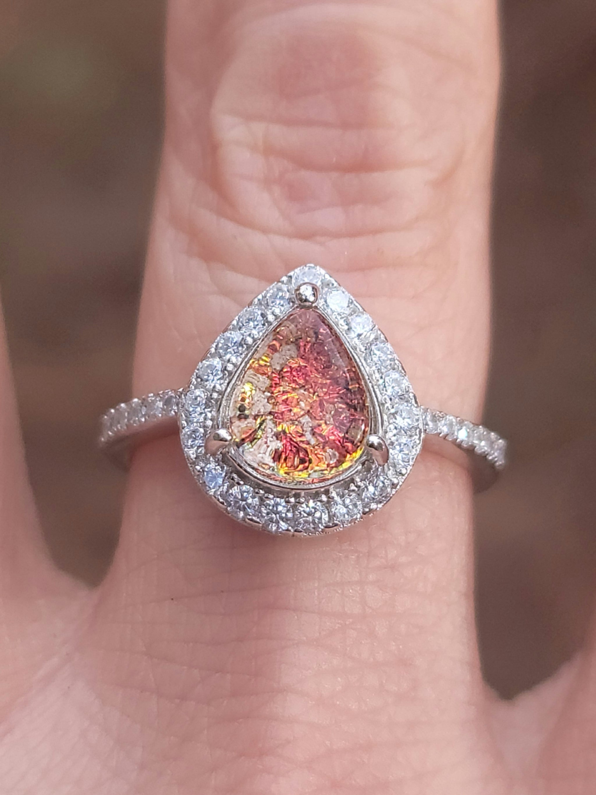 Teardrop Engagement Cremation Ring Ashes InFused Glass CZ Sterling Sil ...