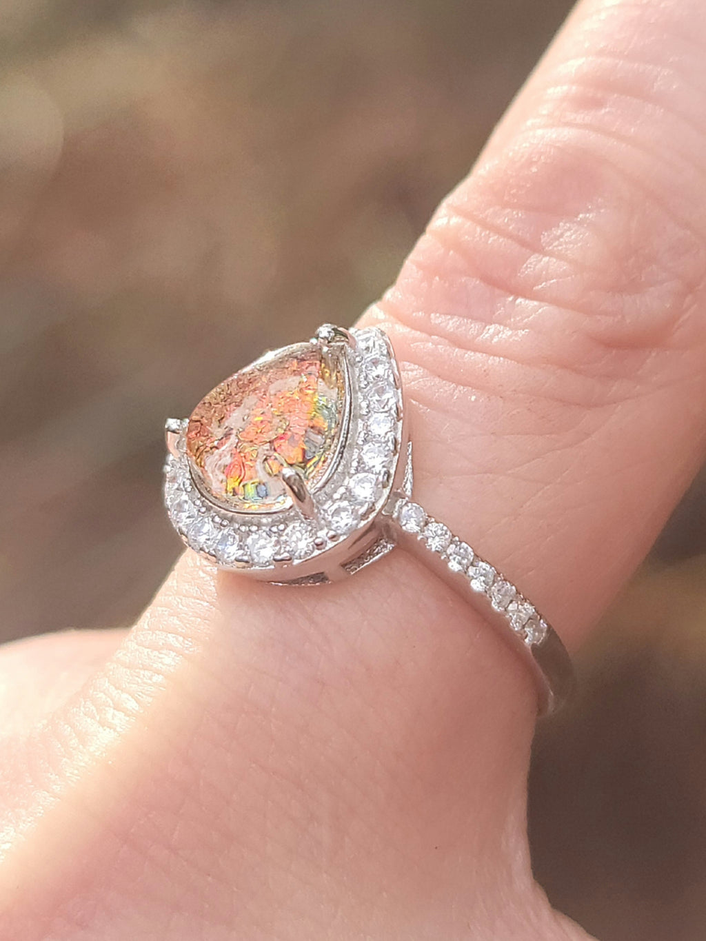 Teardrop Engagement Cremation Ring Ashes InFused Glass CZ Sterling Silver Urn 7,8,9