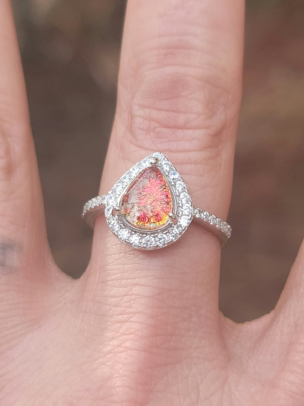 Teardrop Engagement Cremation Ring Ashes InFused Glass CZ Sterling Silver Urn 7,8,9