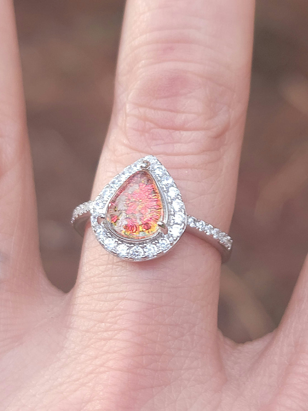 Teardrop Engagement Cremation Ring Ashes InFused Glass CZ Sterling Silver Urn 7,8,9