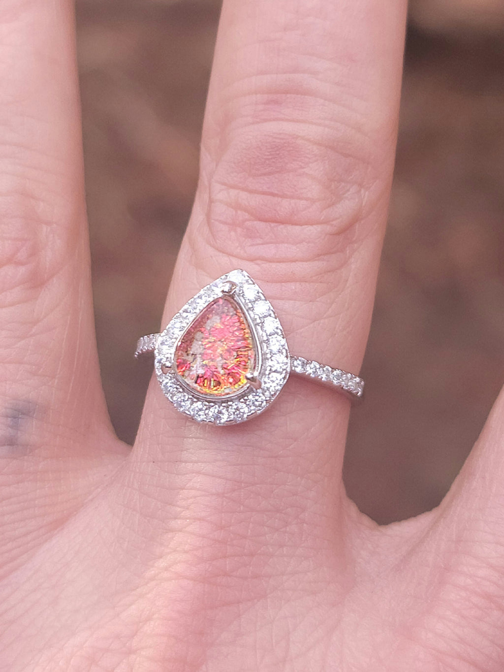 Teardrop Engagement Cremation Ring Ashes InFused Glass CZ Sterling Silver Urn 7,8,9
