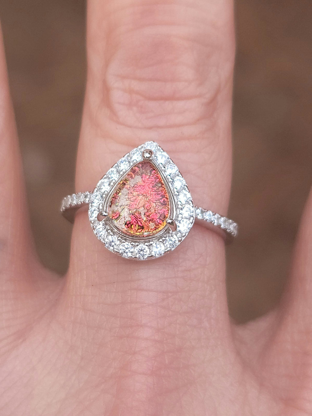 Teardrop Engagement Cremation Ring Ashes InFused Glass CZ Sterling Silver Urn 7,8,9