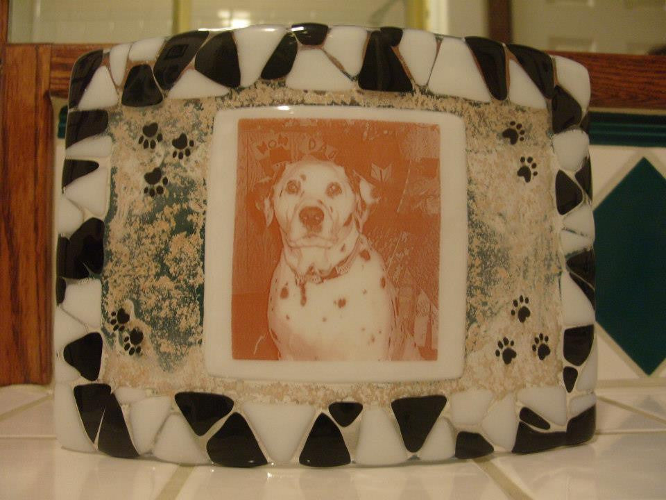 Dalmation Dog Paw Print Photo Memorial Glass Urn Ashes Infused Glass Candle