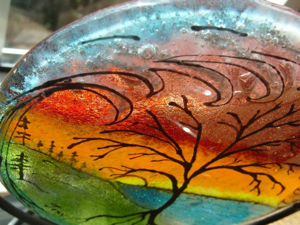 Ashes InFused Glass Cremation Art Sunset Tree of Life Ocean Wave Handmade by Infusion Glass