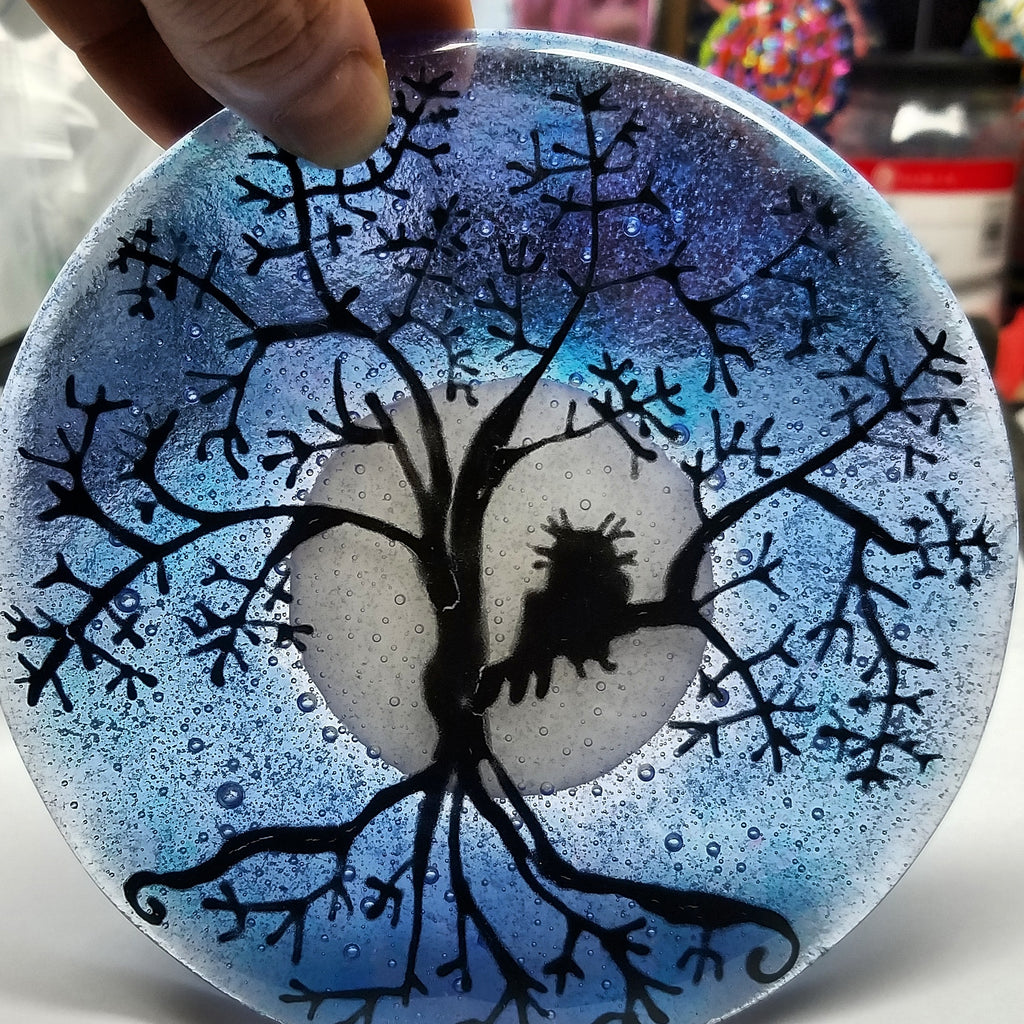 5 inch Tree of Life Owl Urn Cremation Ashes Infused Glass by Infusion Glass Full Moon in hand