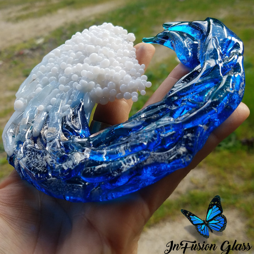 5 inch 3d glass ocean wave cremation memorial glass ashes infused glass by infusion glass