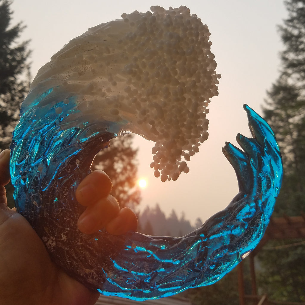 10 inch 3d Glass Ocean Wave Sculpture with Cremation Ashes Infused Glass by Infusion Glass Handmade