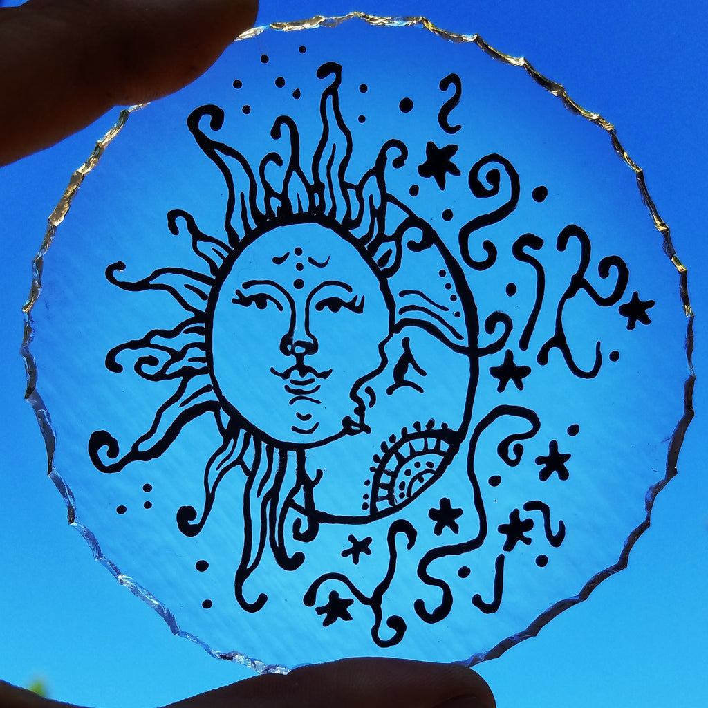 moon and sun sketch on glass Celebration of life Funeral Memorials. Ashes in Glass Cremation Glass Art Sculptures, Cremation Wind Chimes, Cremation Sun Catchers, Table Displays, & Cremation Jewelry Custom USA Handmade by Infusion Glass. Ashes Infused Glass Human and Pet Cremation Ash Urns  Ashesinfusedglass.com