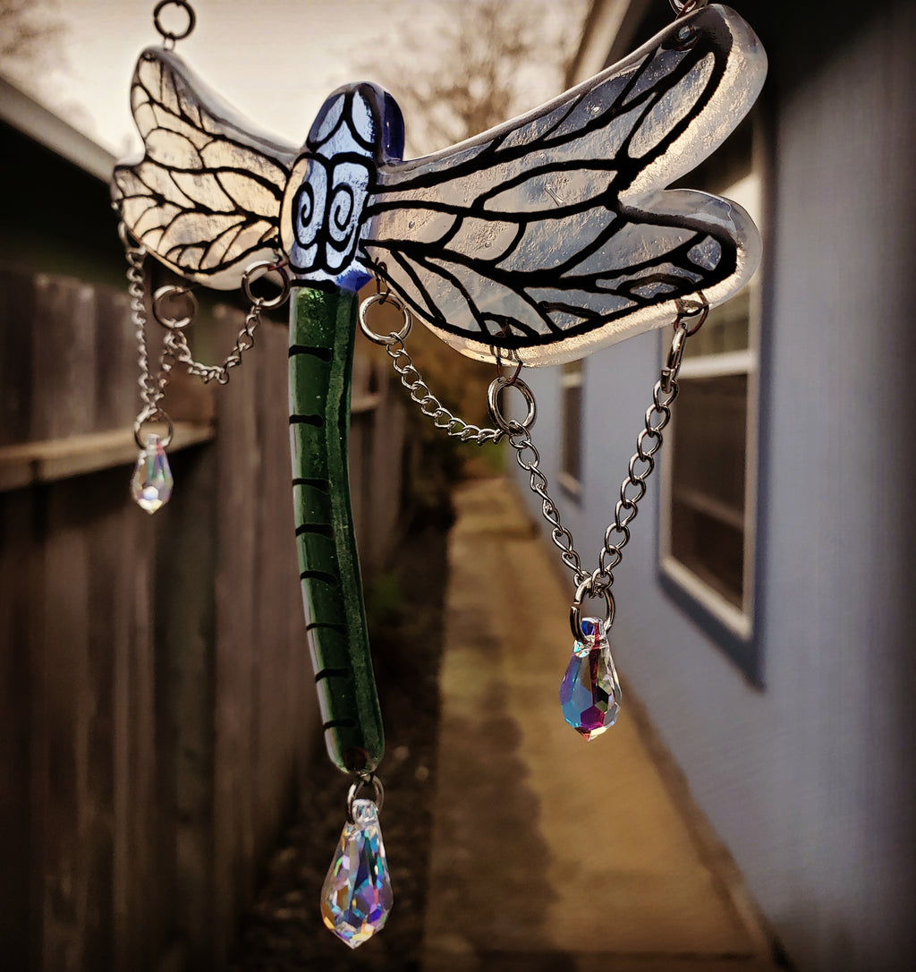 Dragonfly  Cremation Art Sun Catcher Ashes Infused Glass Memorial 7inch