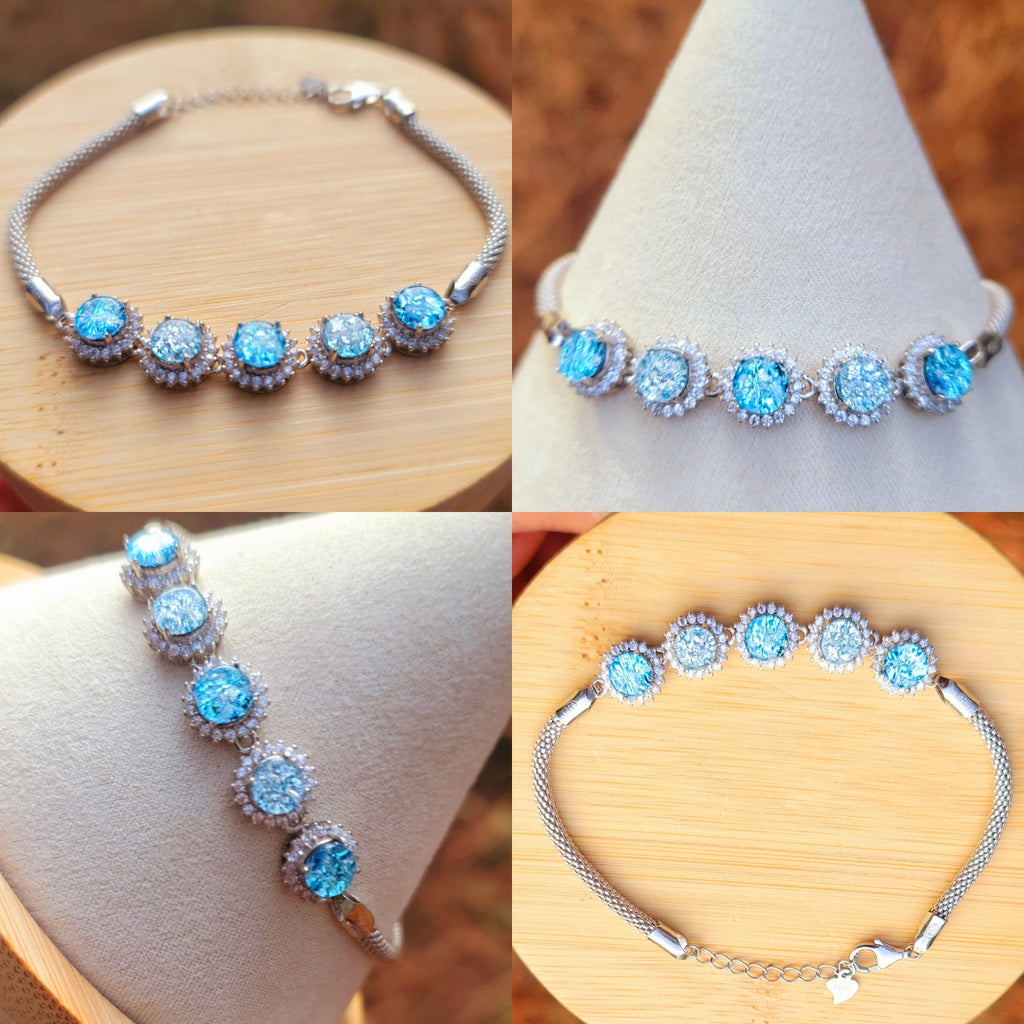 CZ Halo Cremation Ash Bracelet 5x 5mm Stones Ashes InFused Glass Italian Silver Rope Chain Adjustable Clasp