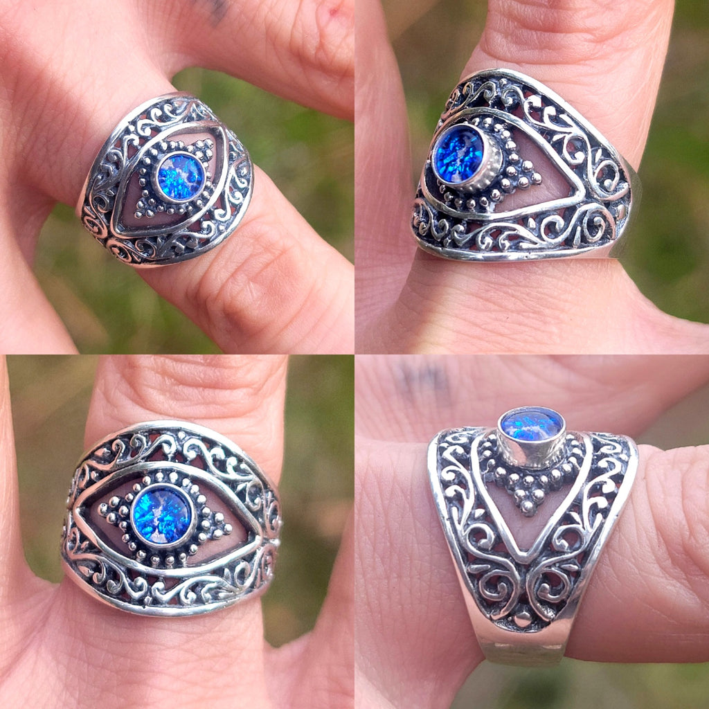 Balinese Carved Evil Eye Protection Cremation Ring Ashes InFused Glass Sterling Silver Urn 7,8,9