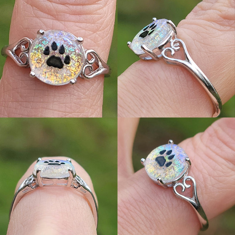 New Paw Print Heart Sterling Silver Cremation Jewelry Ring Ashes InFused Glass 7,8