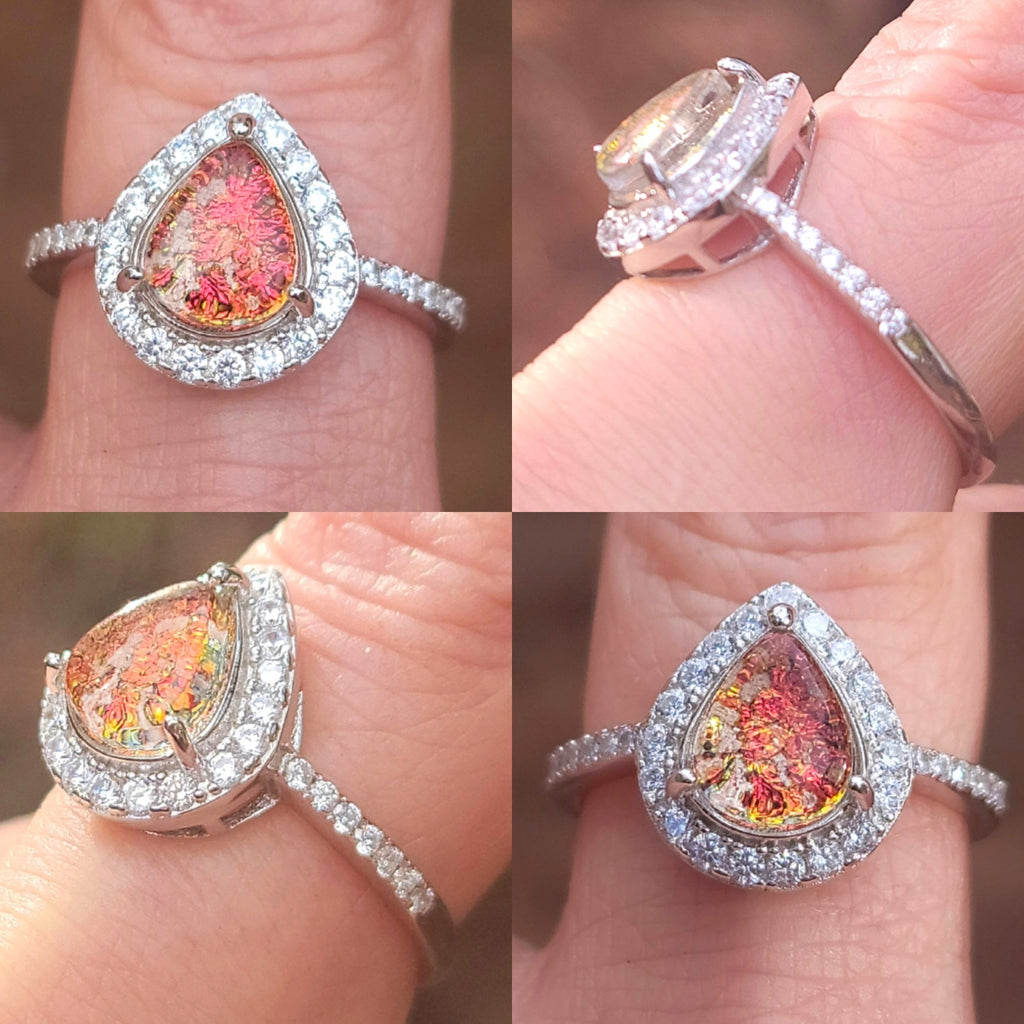 Teardrop Engagement Cremation Ring Ashes InFused Glass CZ Sterling Silver Urn 7,8,9