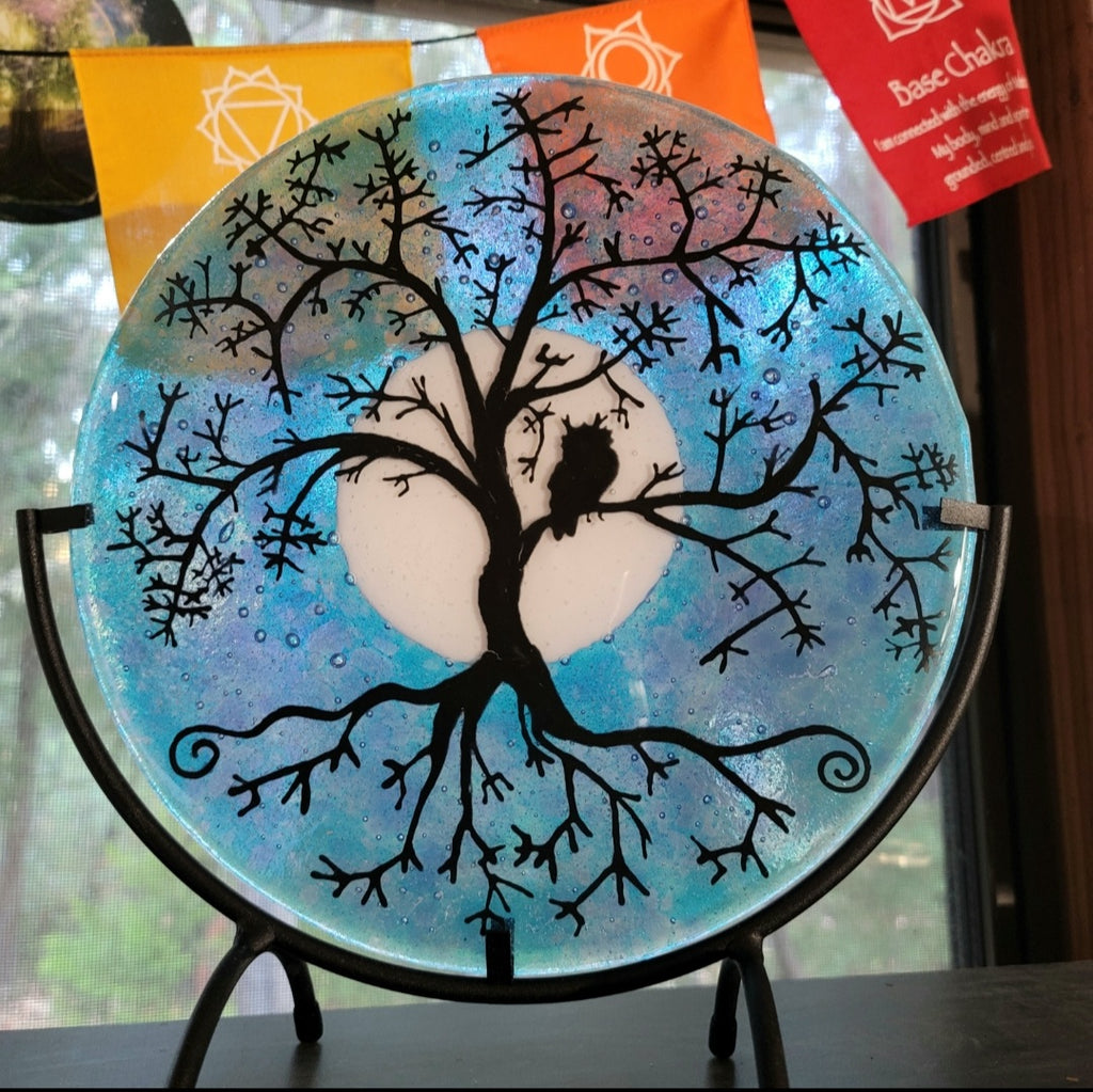 Ashes InFused Glass Cremation Art Owl Moon Tree of Life Table Display