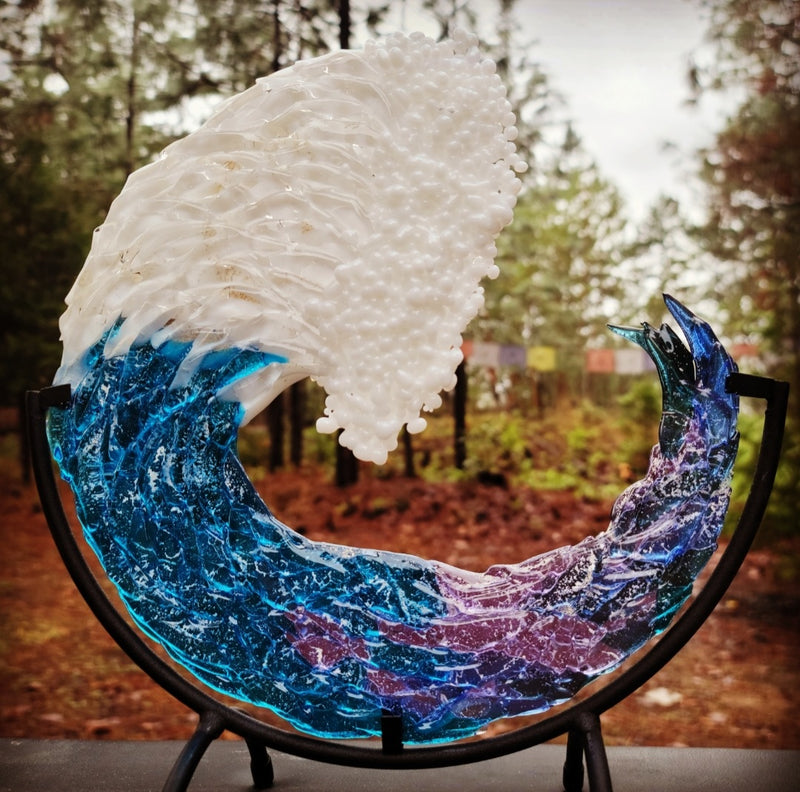 Purple Sunset 3D Ocean Wave Ashes InFused Glass Cremation Art Sculpture 5" 8" 10"