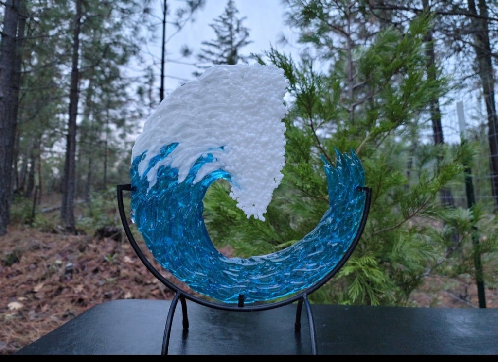 Ashes InFused Glass Cremation Glass Art 10 inch 3D Ocean Wave Sculpture