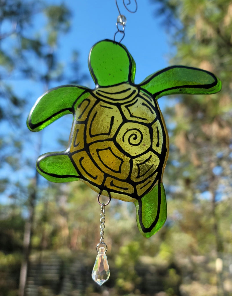 New Turtle Cremation Art Sun Catcher Ashes Infused Glass Memorial 7inch