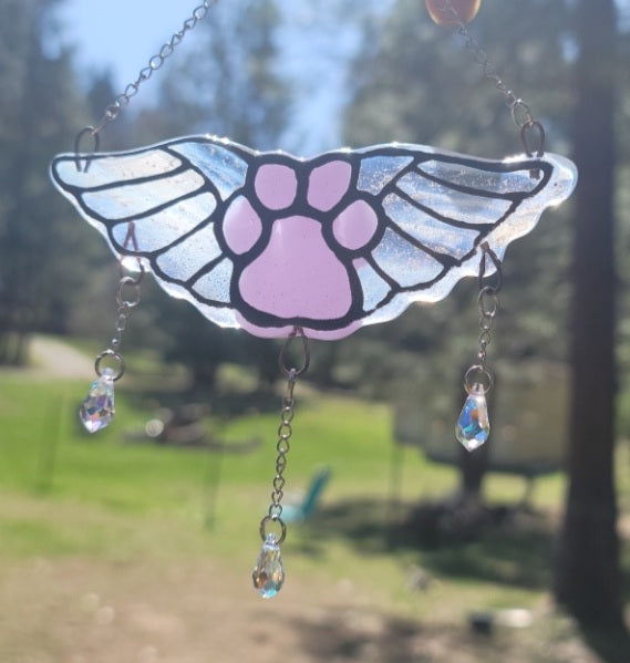 Flying Paw Print Angel Cremation Art Sun Catcher Ashes Infused Glass Memorial 4 inch