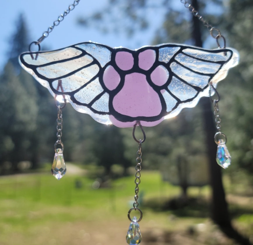 Flying Paw Print Angel Cremation Art Sun Catcher Ashes Infused Glass Memorial 4 inch