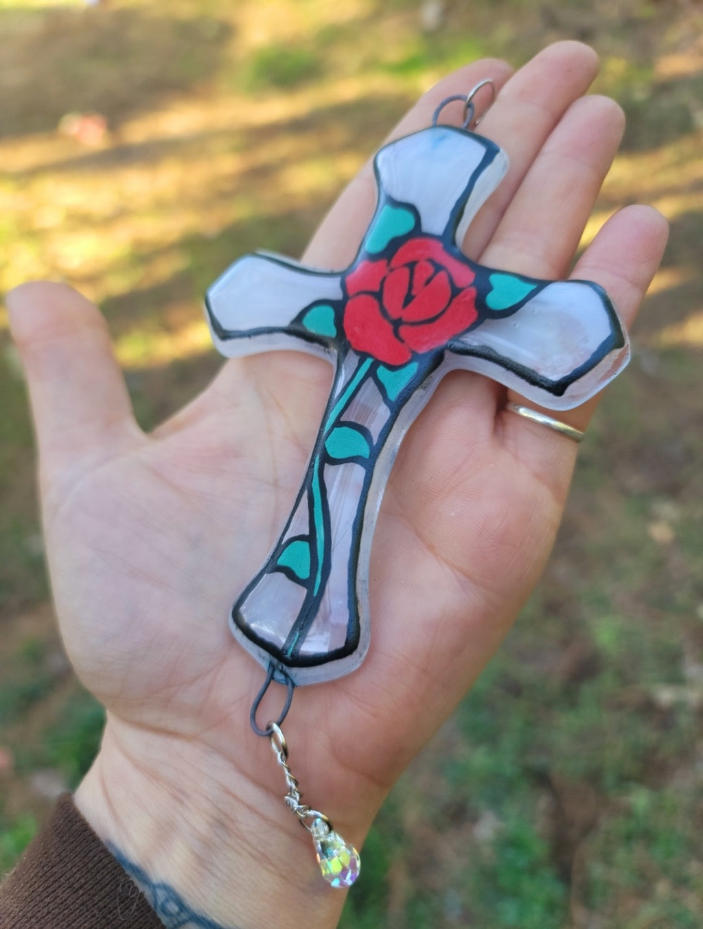 Red Rose Crucifix Cremation Art Sun Catcher Ashes Infused Glass 4 inch