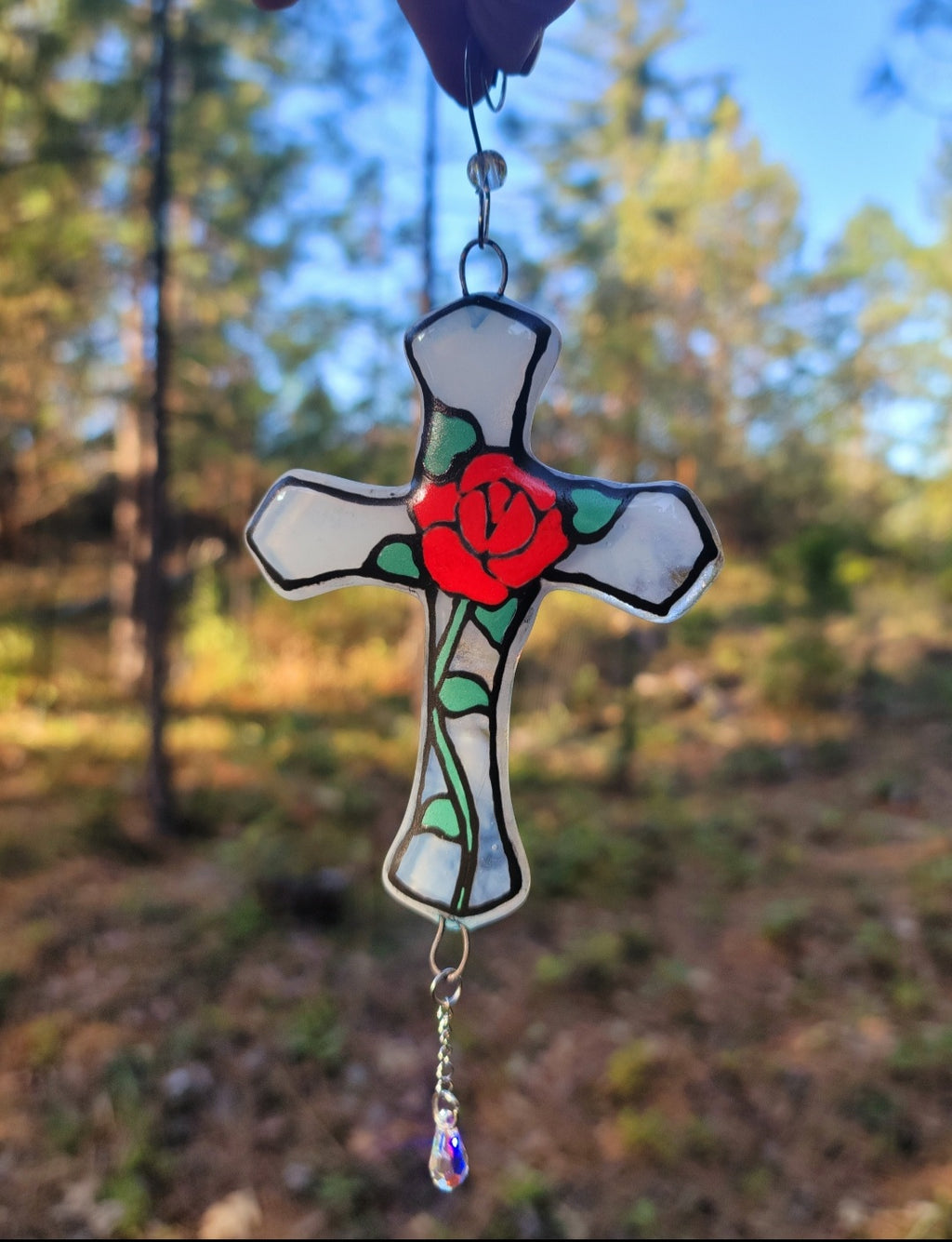 Red Rose Crucifix Cremation Art Sun Catcher Ashes Infused Glass 4 inch
