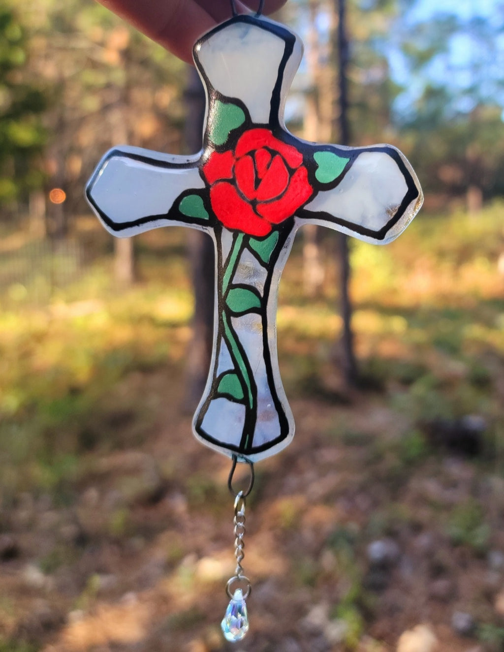 Red Rose Crucifix Cremation Art Sun Catcher Ashes Infused Glass 4 inch