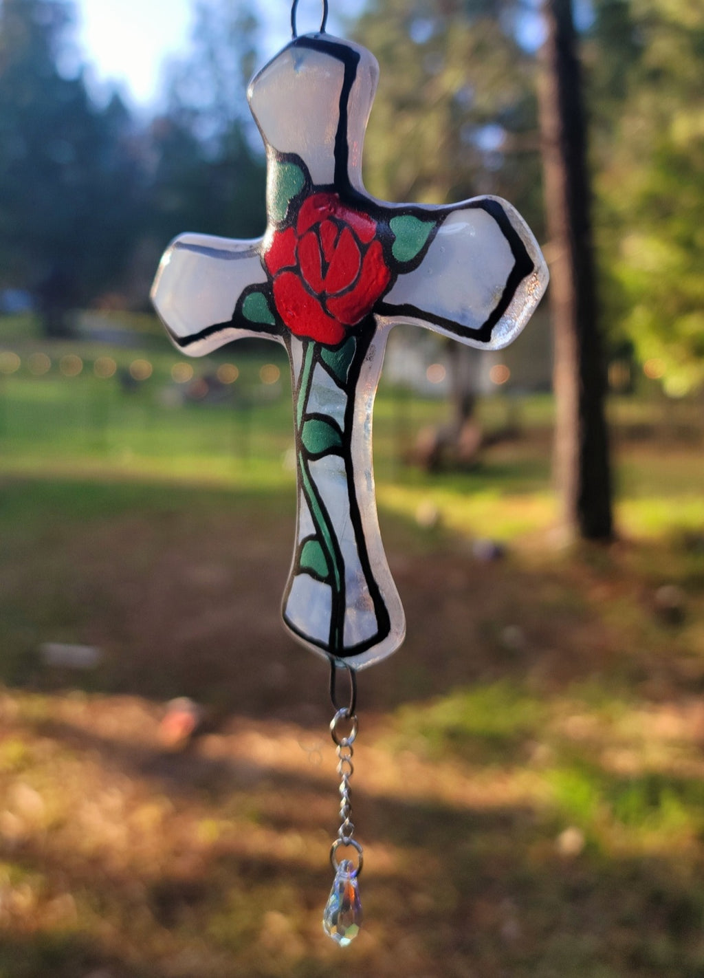 Red Rose Crucifix Cremation Art Sun Catcher Ashes Infused Glass 4 inch