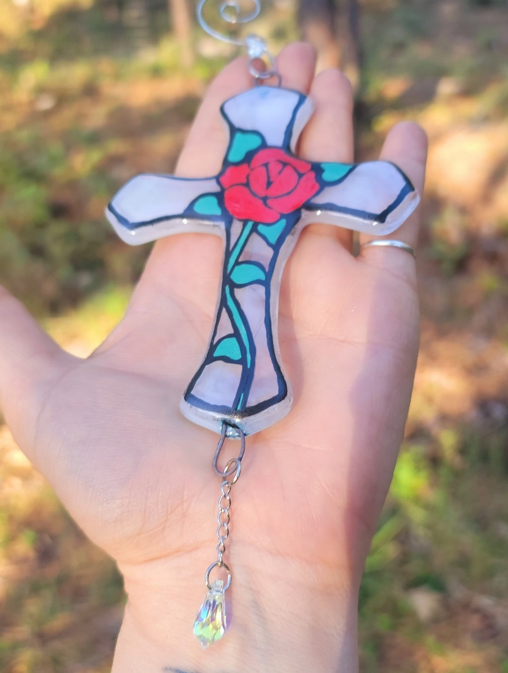 Red Rose Crucifix Cremation Art Sun Catcher Ashes Infused Glass 4 inch