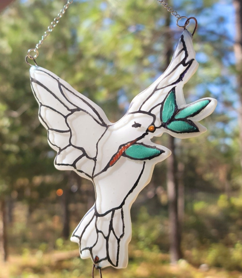 Peace Dove and Olive Branch Cremation Art Sun Catcher Ashes Infused Glass Memorial 5inch