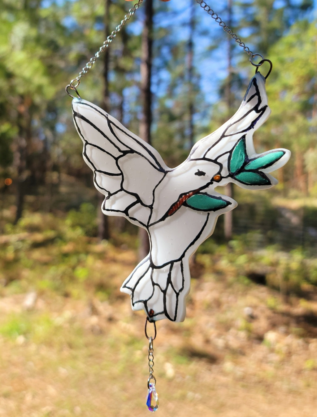 Peace Dove and Olive Branch Cremation Art Sun Catcher Ashes Infused Glass Memorial 5inch