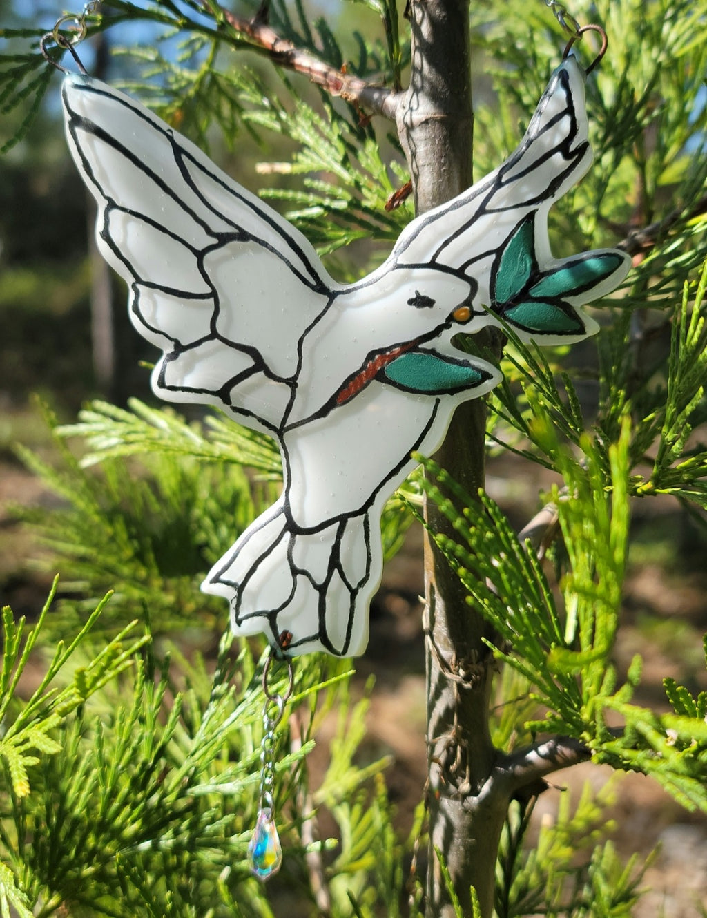 Peace Dove and Olive Branch Cremation Art Sun Catcher Ashes Infused Glass Memorial 5inch