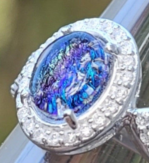 Engagement Style Ashes InFused Glass Cremation Ring Paved in CZ 7,8
