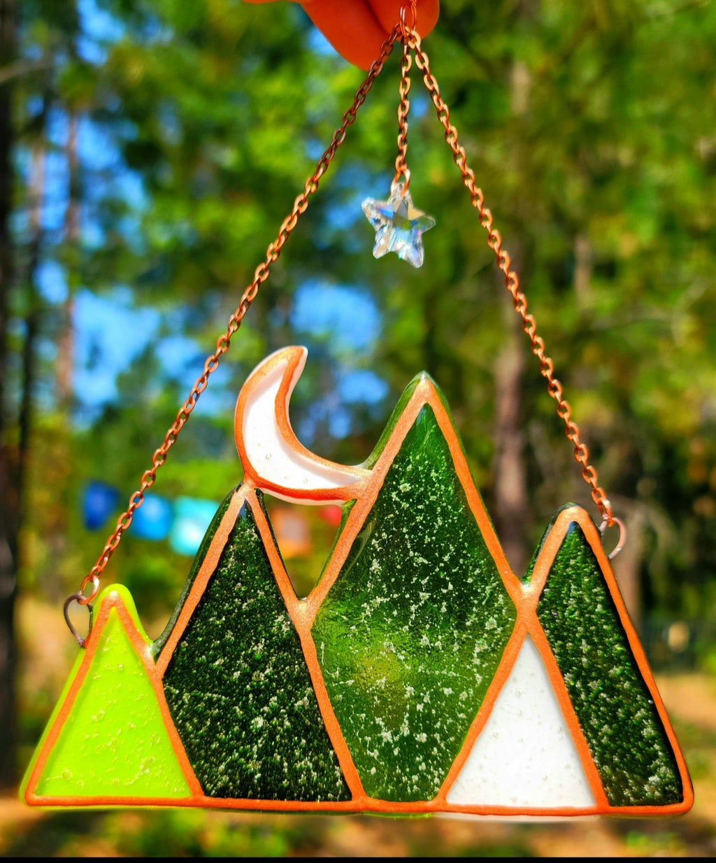 Crescent Moon Mountains Cremation Urn Sun Catcher with Star Crystal Ashes Infused Glass