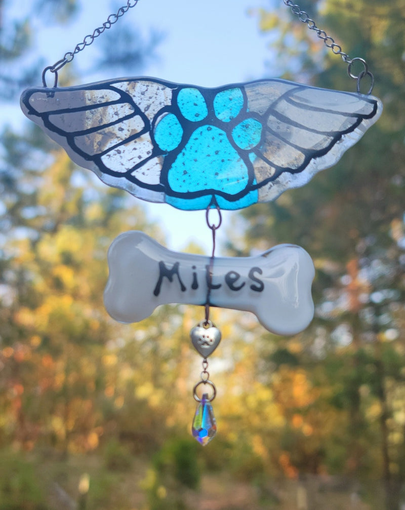 Name Dog Bone Paw Print Angel Cremation Art Sun Catcher Ashes Infused Glass Memorial 4 inch