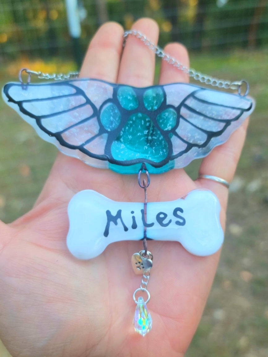 Name Dog Bone Paw Print Angel Cremation Art Sun Catcher Ashes Infused Glass Memorial 4 inch