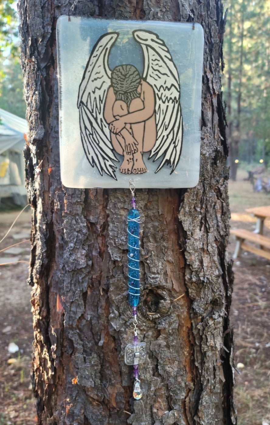Ashes InFused Glass Cremation Art Sun Catcher Angel Weeping Handmade 8x7 with 12 inch Dangle