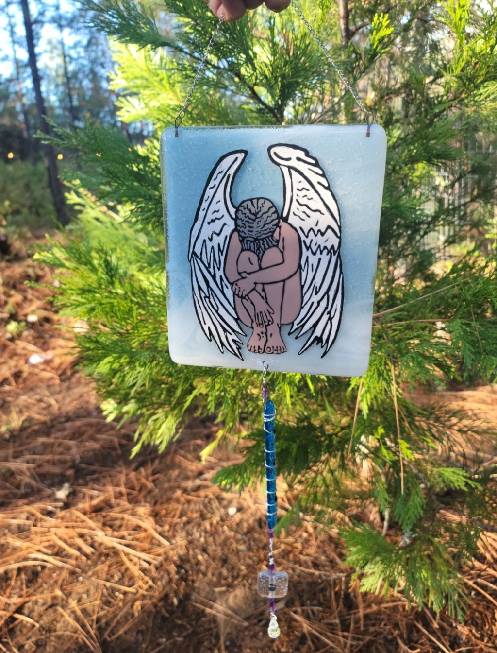 Ashes InFused Glass Cremation Art Sun Catcher Angel Weeping Handmade 8x7 with 12 inch Dangle
