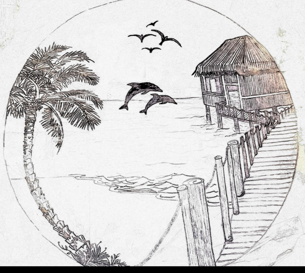 12 inch Bora Bora Hut Dolphins Beach Cremation Ashes InFused Glass