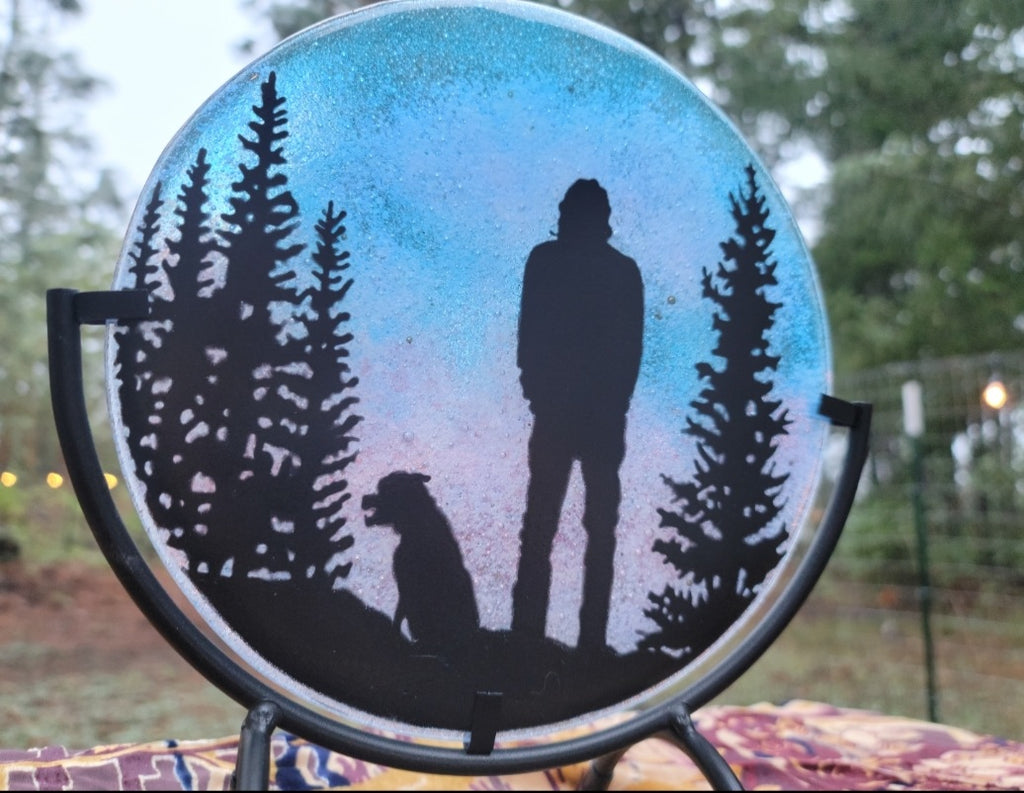 NEW Forest Pines Dog and Man Ashes InFused Glass Cremation Memorial Art