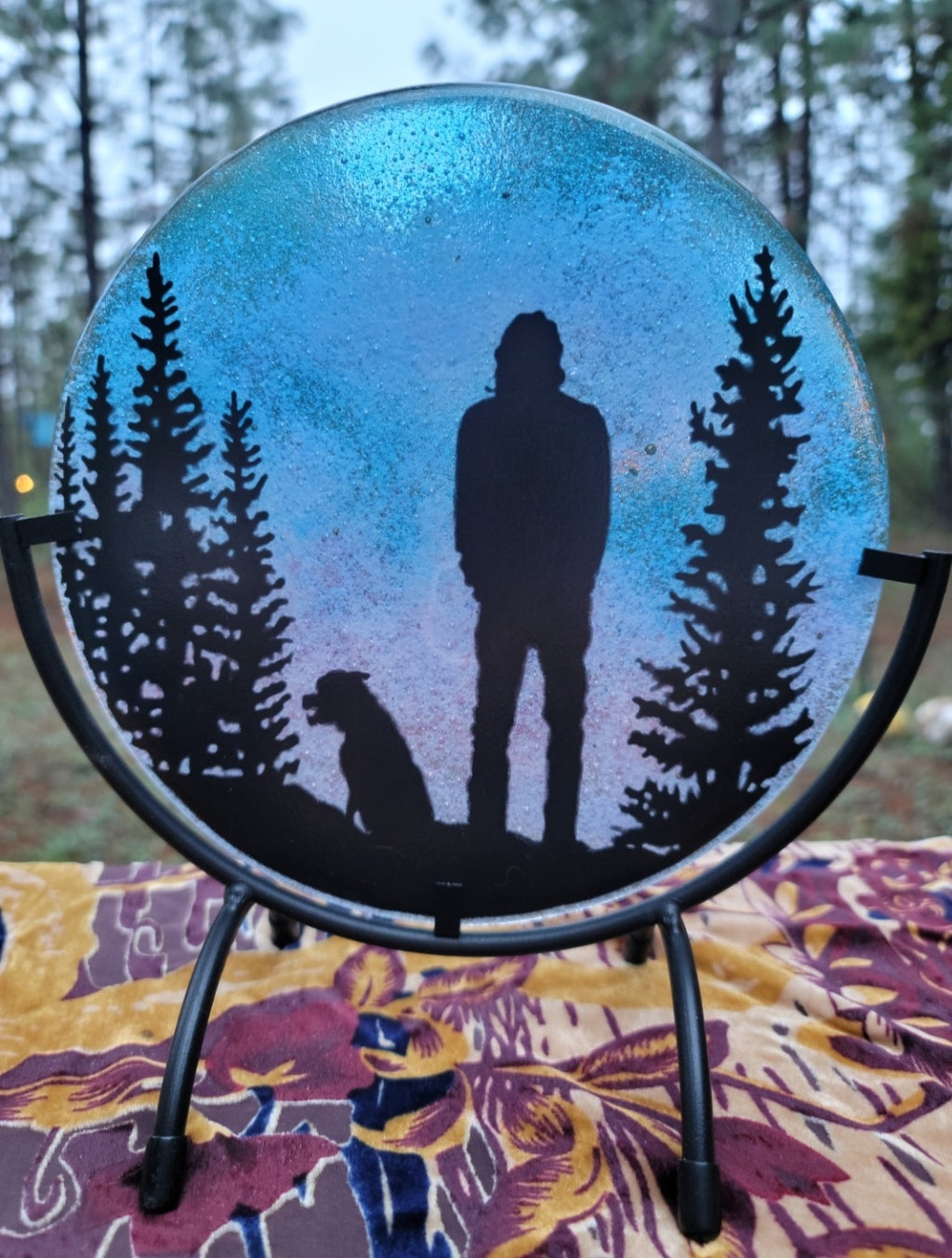 NEW Forest Pines Dog and Man Ashes InFused Glass Cremation Memorial Art