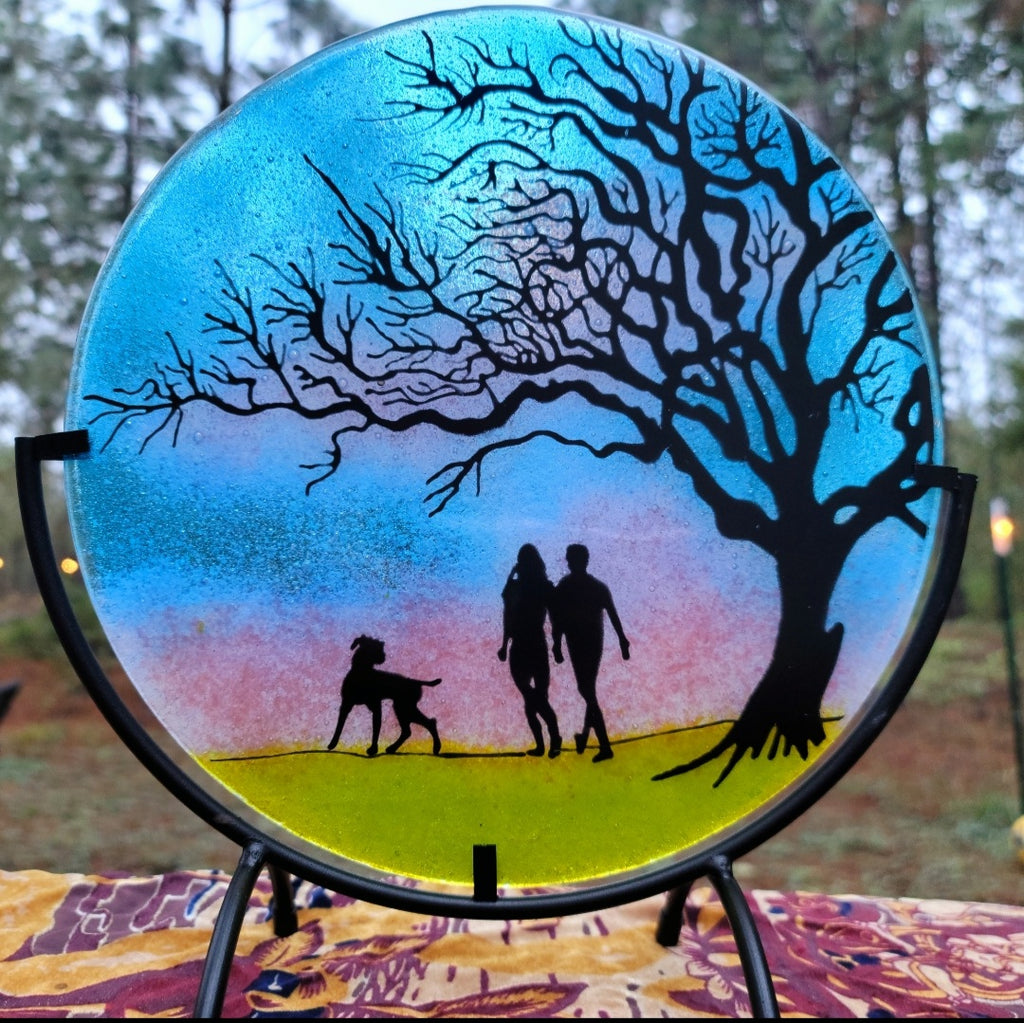 NEW Family Dog Walk Tree of Life  Ashes InFused Glass Cremation Memorial Art