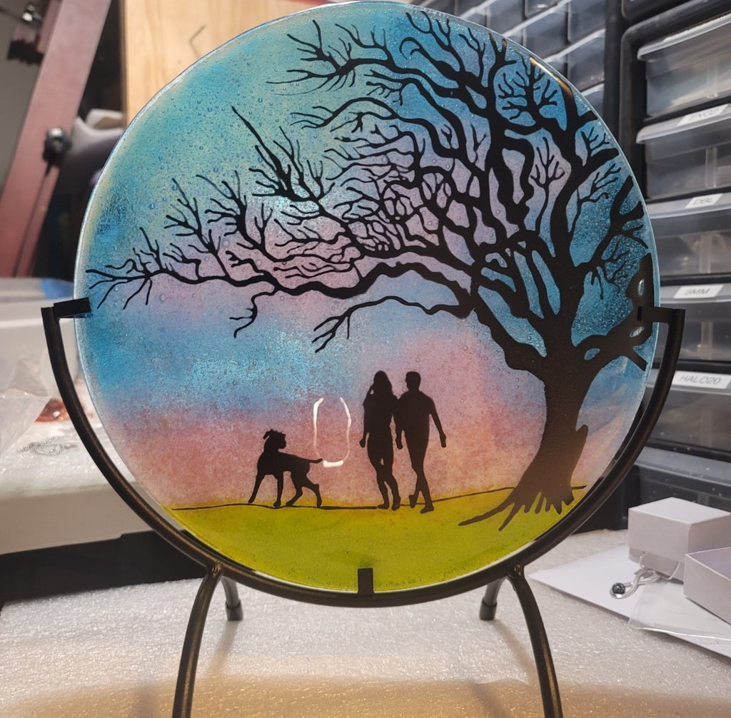 NEW Family Dog Walk Tree of Life  Ashes InFused Glass Cremation Memorial Art