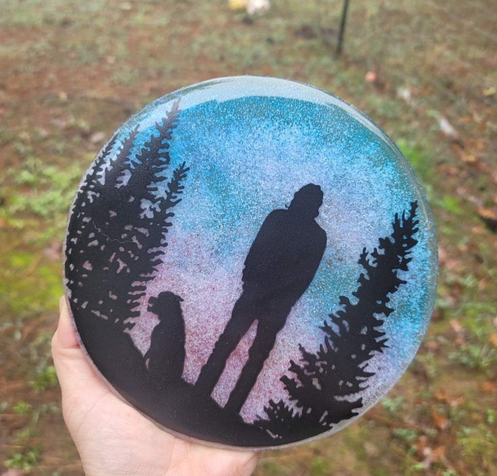 NEW Forest Pines Dog and Man Ashes InFused Glass Cremation Memorial Art