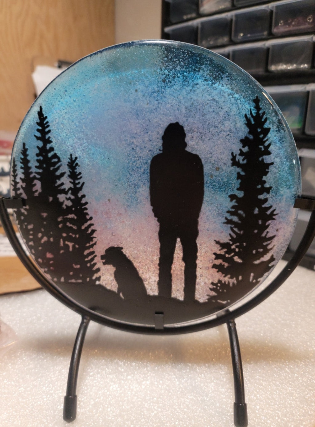 NEW Forest Pines Dog and Man Ashes InFused Glass Cremation Memorial Art