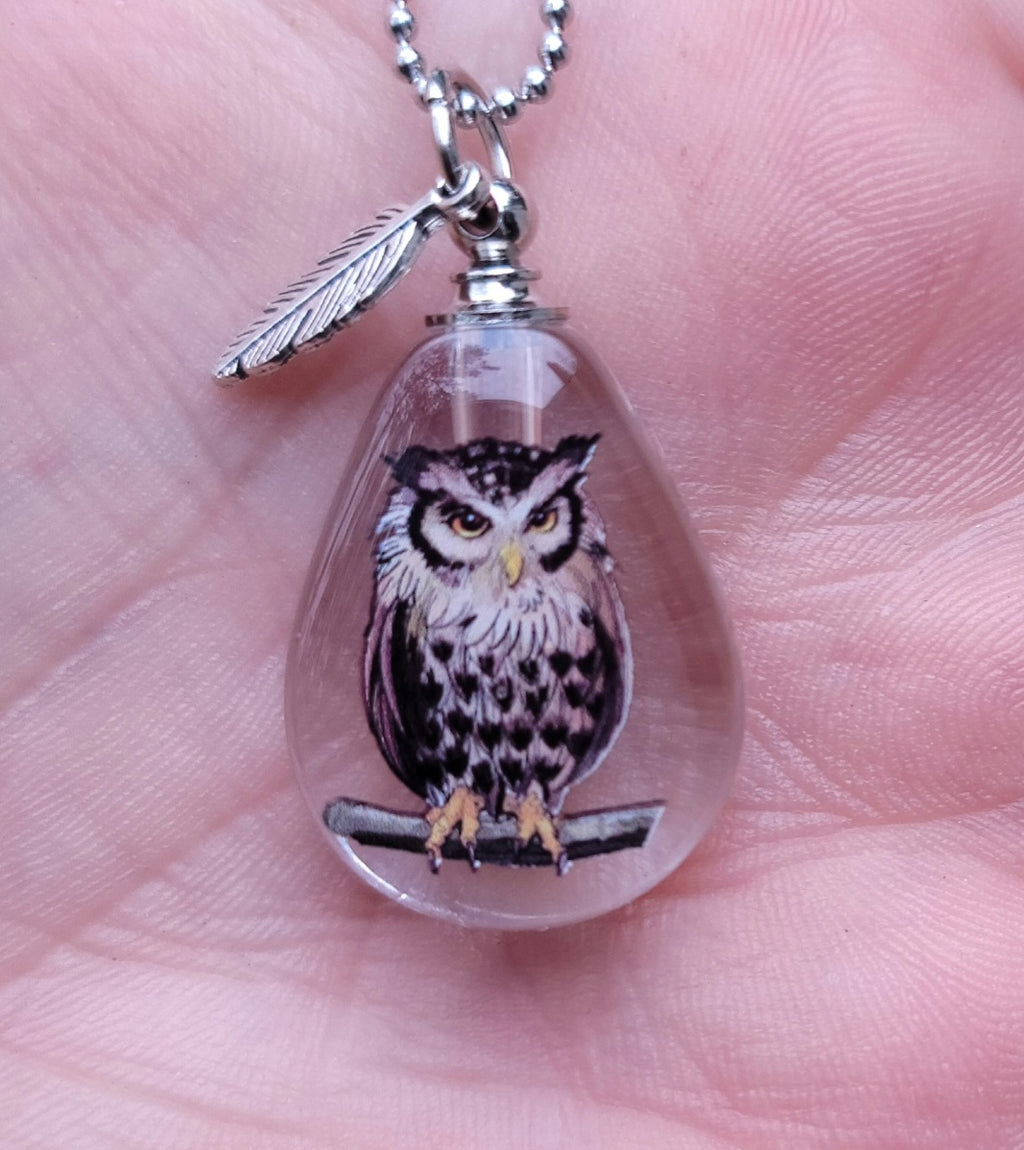 DIY Great Horned Owl Feather Wing Cremation Urn Crystal Bottle Necklace Fill Yourself
